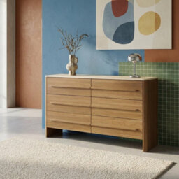 Sweeek - Chest Of 6 Drawers With Travertine Effect Top And Wood Decor Walnut 120X40X75 Cm - Aretha - thumbnail 1