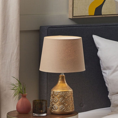 Beliani 47Cm Table Lamp - Golden Brown Ceramic Base With Geometric Ornaments And Beige Empire Shade - image 1