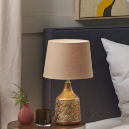 Beliani 47Cm Table Lamp - Golden Brown Ceramic Base With Geometric Ornaments And Beige Empire Shade - thumbnail 1