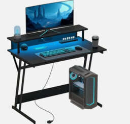 Led Gaming Desk With Power Outlets And Monitor Stand 100 X 60Cm Black - thumbnail 1