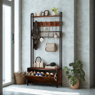Industrial Entryway Hall Tree Coat Rack Stand With Shoe Storage And 10 Hooks - image 1