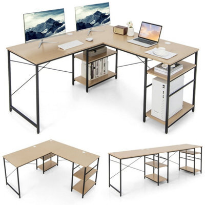 Large L-Shaped Computer Desk Convertible Corner Desk4 Storage Shelves Natural - image 1