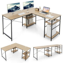 Large L-Shaped Computer Desk Convertible Corner Desk4 Storage Shelves Natural - thumbnail 1