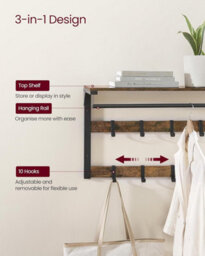 Songmics Entryway Coat Rack, Wall Shelf With 10 Removable Hooks, Clothes Hanger, Entryway Organizer, Rustic Brown And Black - thumbnail 3