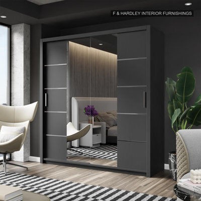 Fhif Dallas 203Cm Black Sliding Door Wardrobe Modern Bedroom Storage With Full Length Mirror Shelves And Hanging Rails - image 1
