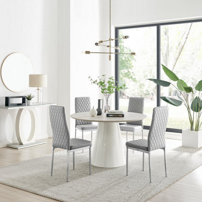Furniturebox Uk Palma Beige Stone Effect Round Dining Table & 4 Grey Milan Chrome Leg Chairs - image 1