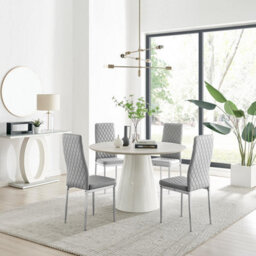 Furniturebox Uk Palma Beige Stone Effect Round Dining Table & 4 Grey Milan Chrome Leg Chairs - thumbnail 1