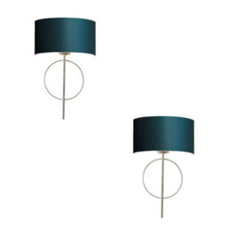 2 Pack Antique Silver Leaf Wall Light & Teal Satin Shade Dimmable Filament Lamp