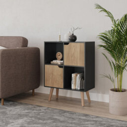 Urbn-Living Urbnliving 80Cm Height Black 4 Cube With Oak 2 Wooden Door Bookcase With Beech Legs Shelves - thumbnail 2