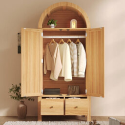 Oak Rattan Wardrobe with Arched Top, 2 Door Closet Armoire L78 x D45 x H181cm, Hanging Rack and 2 Drawers, Anti Tip Device - thumbnail 4