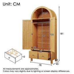 Oak Rattan Wardrobe with Arched Top, 2 Door Closet Armoire L78 x D45 x H181cm, Hanging Rack and 2 Drawers, Anti Tip Device - thumbnail 3