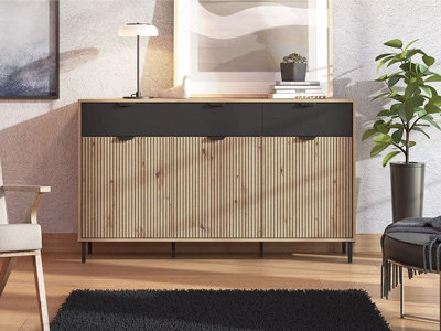 Amos Mann Furniture Mayenne Artisan Oak Effect Slatted And Black 3 Door Sideboard - image 1