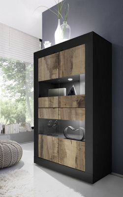 FurniComp LTD Furnicomp Selene Large 4 Door Matt Black & Oak Glass Display Cabinet - image 1