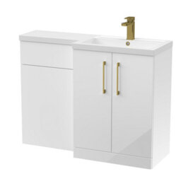Balterley Right-Hand Bathroom Vanity And Wc Unit Combination With Basin - 1100mm - Gloss White With Brushed Brass Handles - thumbnail 1