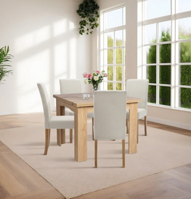 Hallowood Furniture Newquay Oak Flip Top Extending Table With 4 Upholstered Chairs In Beige Fabric - image 1