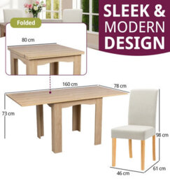Hallowood Furniture Newquay Oak Flip Top Extending Table With 4 Upholstered Chairs In Beige Fabric - thumbnail 3
