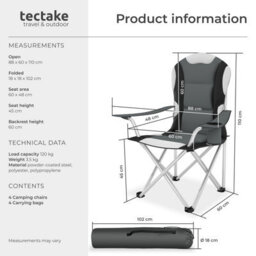 Tectake Camping Chair - Padded Seat With Carry Bag - Grey - Set Of 4 - thumbnail 6