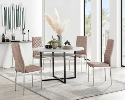 Furniturebox Adley Grey Concrete Effect And Black Round Dining Table With Storage Shelf And 4 Beige And Silver Milan Modern Faux Leather Chairs - image 1