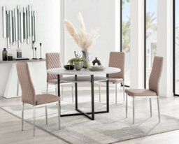 Furniturebox Adley Grey Concrete Effect And Black Round Dining Table With Storage Shelf And 4 Beige And Silver Milan Modern Faux Leather Chairs