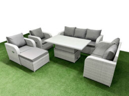 Fimous Pe Rattan Garden Furniture Set Reclining Chair Sofa Set Adjustable Lifting Dining Or Coffee Table Big Footstool Light Grey - thumbnail 2
