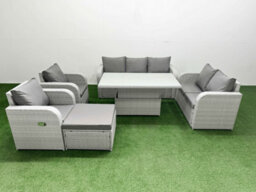 Fimous Pe Rattan Garden Furniture Set Reclining Chair Sofa Set Adjustable Lifting Dining Or Coffee Table Big Footstool Light Grey - thumbnail 1