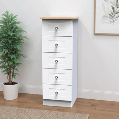 Santander Ready Assembled Matt White & Oak 5 Drawer Wide Bedside Chest (H)1074mm (W)395mm (D)411mm - image 1