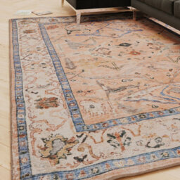 Loomed Traditional Pattern Cotton Chenille Rug Peach Blue Machine Washable 120Cm X 170Cm