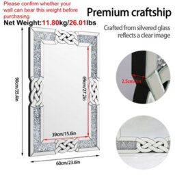 Artloge 90X60Cm Crushed Diamond Wall Mirror Diamante Gems Crystal Sparkly Silver Home Décor - thumbnail 2