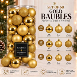 Decoris 60 Gold Baubles Shatterproof Christmas Tree Hanging Decoration - thumbnail 4