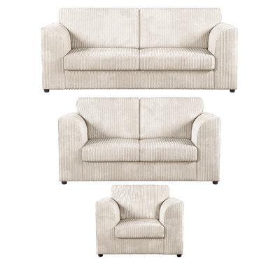 Furnishings For Less UK Luxor Jumbo Cord 3 + 2 + 1 Fabric 3 Piece Sofa Suite - Fullback Cream - image 1