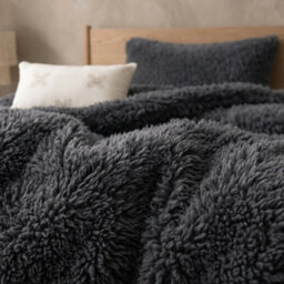 Charcoal Teddy Fleece Duvet Cover Set   Haggy Faux Fur Bedding, Matching Pillowcases, Single Double King & Super King, Long Cord