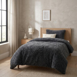 Charcoal Teddy Fleece Duvet Cover Set   Haggy Faux Fur Bedding, Matching Pillowcases, Single Double King & Super King, Long Cord - thumbnail 5