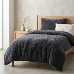 Charcoal Teddy Fleece Duvet Cover Set   Haggy Faux Fur Bedding, Matching Pillowcases, Single Double King & Super King, Long Cord - thumbnail 3