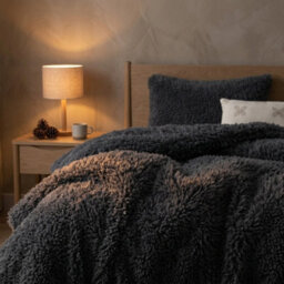 Charcoal Teddy Fleece Duvet Cover Set   Haggy Faux Fur Bedding, Matching Pillowcases, Single Double King & Super King, Long Cord - thumbnail 2
