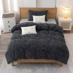 Charcoal Teddy Fleece Duvet Cover Set   Haggy Faux Fur Bedding, Matching Pillowcases, Single Double King & Super King, Long Cord - thumbnail 7