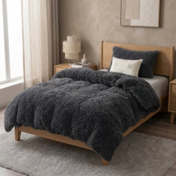 Charcoal Teddy Fleece Duvet Cover Set   Haggy Faux Fur Bedding, Matching Pillowcases, Single Double King & Super King, Long Cord - thumbnail 6