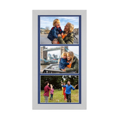 AK Frames 16X8 Silver Modern Multi Photo Frame With Blue Mount - Holds 3 Apertures (3X) 7X5 Photos - image 1