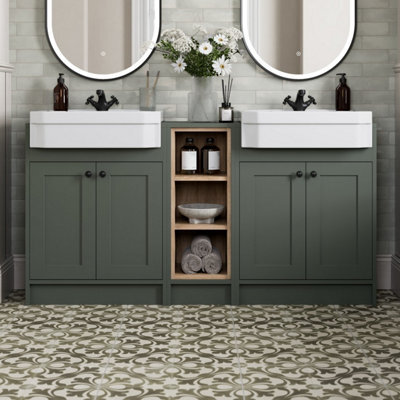 Affine 1540mm Traditional Double Vanity Basin Unit & Shelving Bathroom Furniture Green - image 1