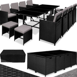 Tectake Garden Table And Chairs Palma - 12 Seats With Cushions, Dining Table, Rain Cover - Black/grey - thumbnail 1