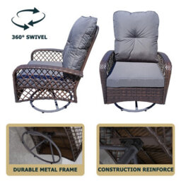 Patio Rattan Swivel Chair, 360 Degrees Swivel Lounge Armchair With Soft Cushion, Weatherproof Pe Ratta - Brown - thumbnail 3