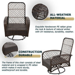 Patio Rattan Swivel Chair, 360 Degrees Swivel Lounge Armchair With Soft Cushion, Weatherproof Pe Ratta - Brown - thumbnail 6