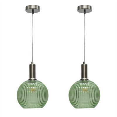 First Choice Lighting Set Of 2 Betchley - Green Ribbed Globe Satin Nickel Deco Pendants - image 1