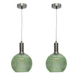First Choice Lighting Set Of 2 Betchley - Green Ribbed Globe Satin Nickel Deco Pendants