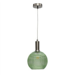 First Choice Lighting Set Of 2 Betchley - Green Ribbed Globe Satin Nickel Deco Pendants - thumbnail 2