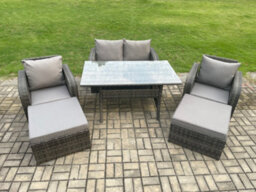 Fimous Patio Rattan Garden Furniture Set With Oblong Dining Table 2 Big Footstool 6 Seater Outdoor Lounge Sofa Set - thumbnail 1