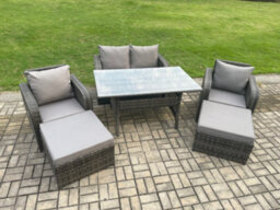 Fimous Patio Rattan Garden Furniture Set With Oblong Dining Table 2 Big Footstool 6 Seater Outdoor Lounge Sofa Set - thumbnail 2