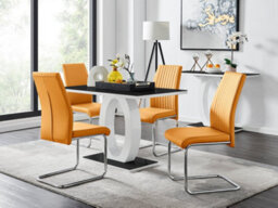 Furniturebox Giovani Rectangular 4 Seat White High Gloss Unique Halo Base Dining Table Black Glass Top 4 Mustard Faux Leather Lorenzo Chairs
