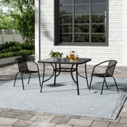 Breeins 3 Piece Outdoor Garden Black Glass Umbrella Table And Stacking Chairs Furniture Set Dining Set For Patio Lounge Balcony - thumbnail 2