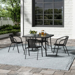 Breeins 3 Piece Outdoor Garden Black Glass Umbrella Table And Stacking Chairs Furniture Set Dining Set For Patio Lounge Balcony
