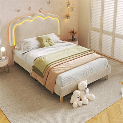 Abrihome 3Ft Single Upholstered Bed With Led Headboard (90X190Cm), Adjustable Height Bed Frame With Wooden Slats, Beige, Velvet - image 1